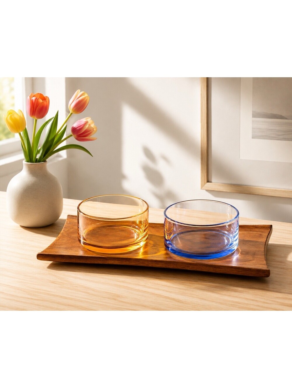 Scandinavian Vintage 1960s Teak Cabaret Serving Tray Amber Blue Glass Bowls